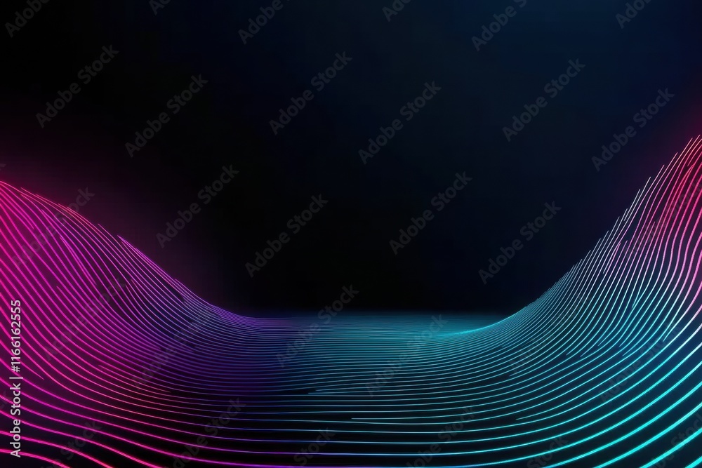 Poster Glowing neon lines create a stunning abstract landscape with vibrant colors in a dark background setting at night. Generative AI