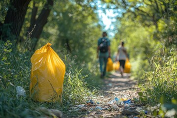 Community members clean up a local trail while carrying yellow garbage bags on a sunny day