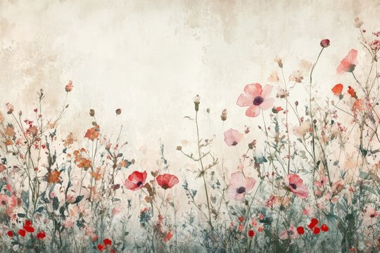 Watercolor painting of delicate pink and red wildflowers