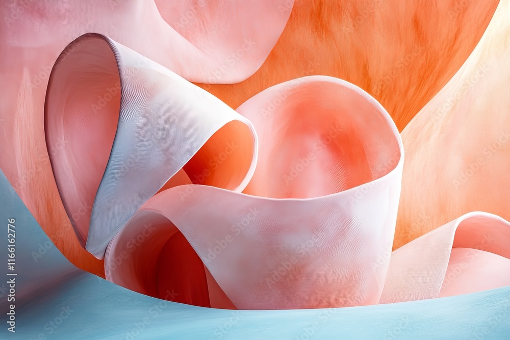 Poster colorful abstract shapes intertwine in a soft composition of curves and layers, showcasing a harmoni