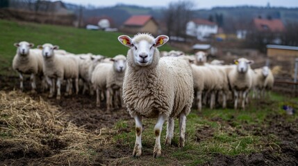 Obraz premium Sheep on a Farm Under Overcast Sky