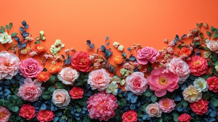 Vibrant floral arrangement with roses, peonies, and eucalyptus on orange background.