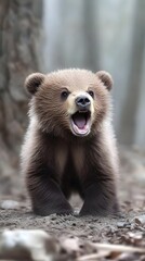 Obraz premium A grizzly bear roaring in the forest