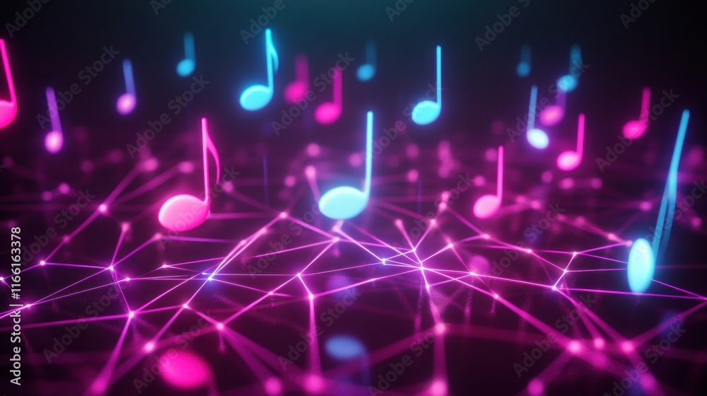 Poster vibrant 3d music notes floating amid a colorful digital network with neon lights in a contemporary a