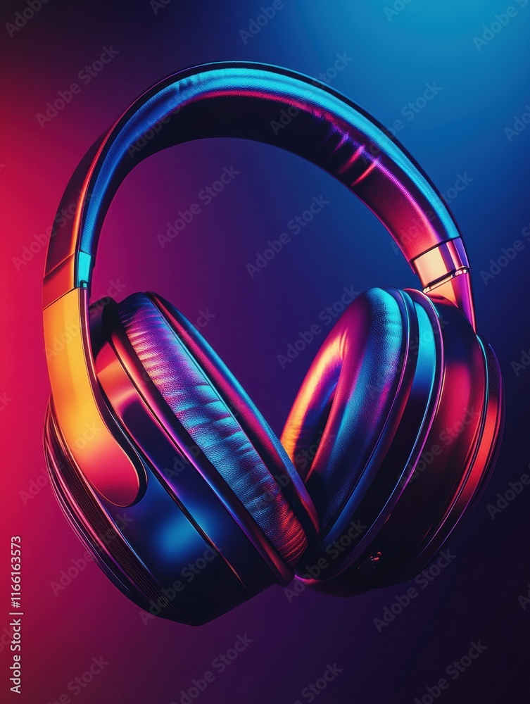 Poster close up view of vibrant 3d headphones showcasing modern design and colorful lighting in a dark envi