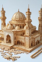 Fototapeta premium Intricate Wooden Model of a Majestic Architectural Structure with Towers and Domes Displaying Expert Craftsmanship and Fine Detail in Natural Wood Finish