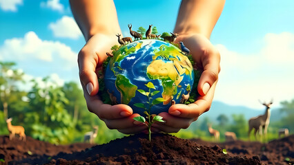 A model of the Earth, depicted as a globe, is held gently within two hands. The globe is situated in the center of the image.  