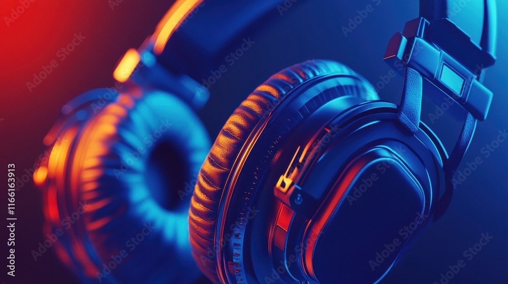 Poster close up view of stylish headphones with vibrant colors and modern design in a creative lighting set