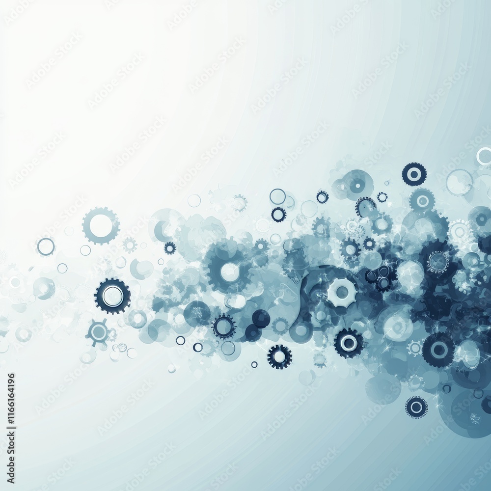 Poster geometric shapes and gears create a dynamic abstract pattern in blue and white tones, blending techn