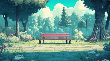 Obraz premium Tranquil park scene, relaxing bench amidst trees and flowers in full bloom scenic