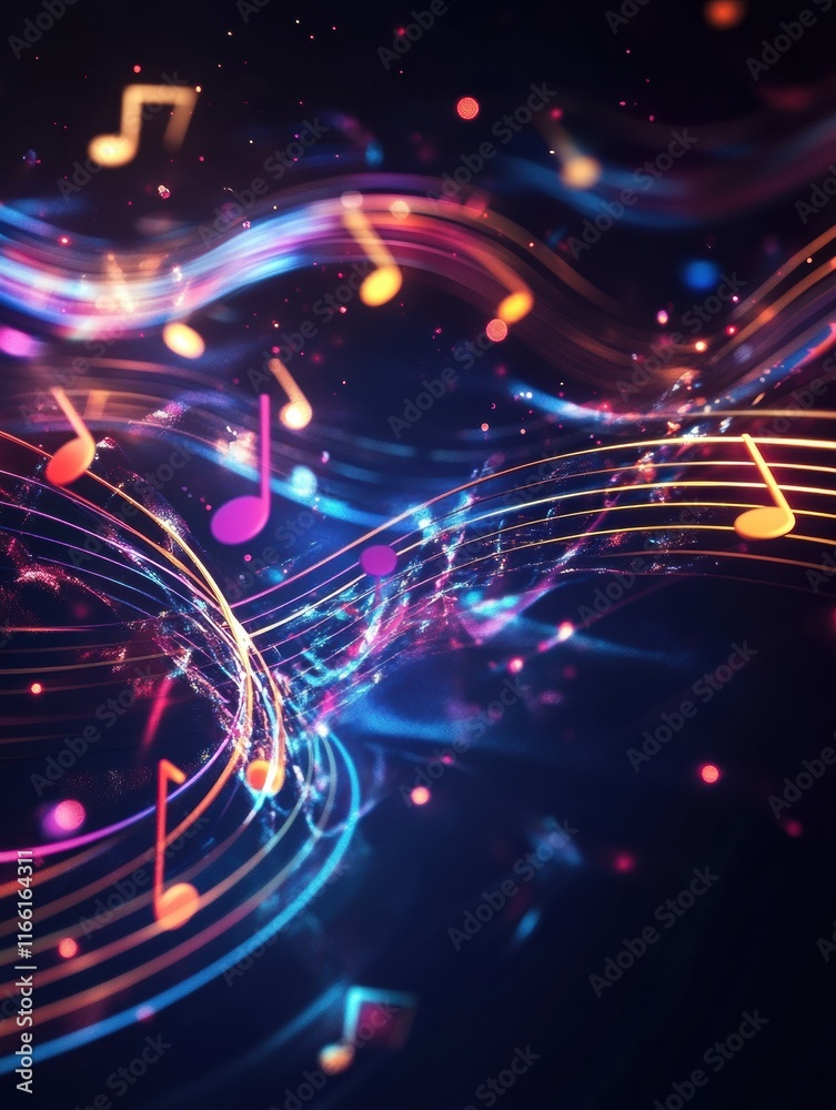 Fototapete flowing musical staff lines illuminated in vibrant neon tones creating an enchanting atmosphere fill