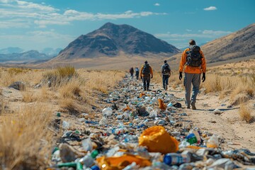 Volunteers engage in environmental cleanup along a littered trail in a scenic mountain landscape