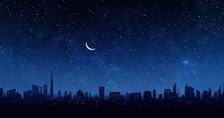 Night Skyline with Crescent Moon and Starry Background over a Cityscape, Featuring Tall Buildings, Skyscrapers, and Twilight Sky, Ideal for Urban and Travel Themes