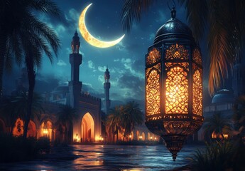 Fototapeta premium Mystical Night Scene with Crescent Moon and Lanterns Beside Palm Trees Near Majestic Architecture in a Serene Setting