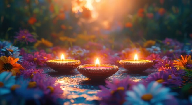 Mystical Glow of Diwali Candles Surrounded by Colorful Flowers in a Dreamy Garden Setting During the Festival of Lights Celebration