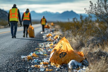 Community volunteers clean up roadside litter in a desert landscape during the morning hours