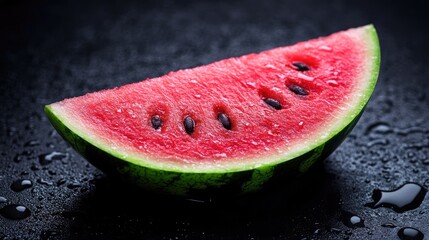 A juicy watermelon slice rests on a dark background