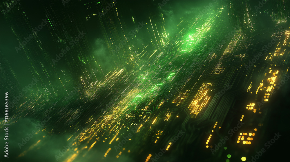 Poster A close-up of a glowing circuit board with pulsing light trails in shades of green and gold. The abstract design emphasizes energy and connectivity