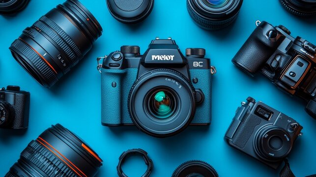 Collection of cameras and lenses on a bold blue surface