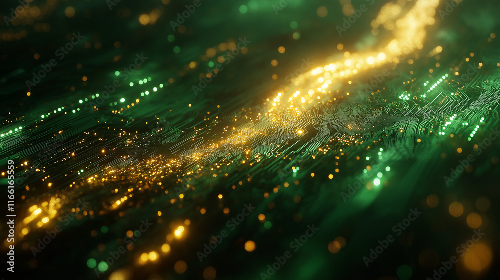 Poster A close-up of a glowing circuit board with pulsing light trails in shades of green and gold. The abstract design emphasizes energy and connectivity