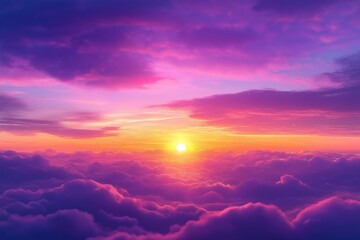 Obraz premium Panoramic view of vibrant sunset cloudscape. Rich purple, pink hues blend into warm orange tones at horizon. Tranquil evening sky view presents soft wispy cloud formations. Dramatic atmosphere