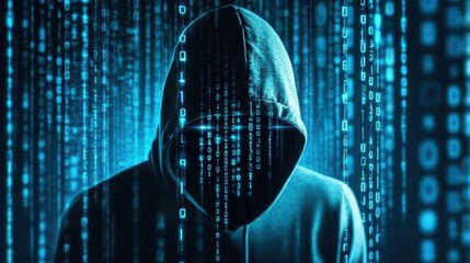 Hooded figure shrouded in mystery, exploring the enigma of binary code in the digital realm