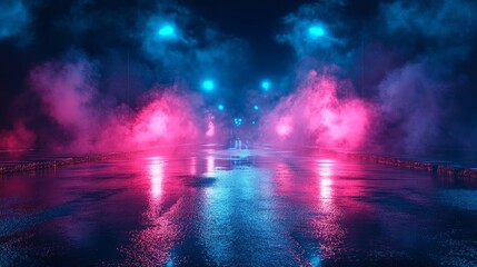 Vibrant Neon Lights Illuminate a Rainy Street at Night, Creating a Surreal Atmosphere With Colorful Mist and Reflections on Wet Pavement