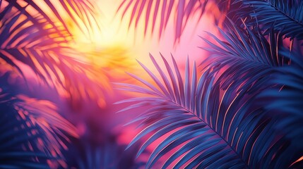 Obraz premium Vibrant Sunset Illuminating Tropical Palm Leaves With Rich Colors in a Serene Outdoor Setting During Late Evening Hours