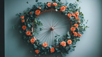Obraz premium Copper bicycle wheel adorned with peach roses and eucalyptus leaves, wall decor.