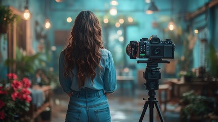 Female photographer setting up a camera in studio