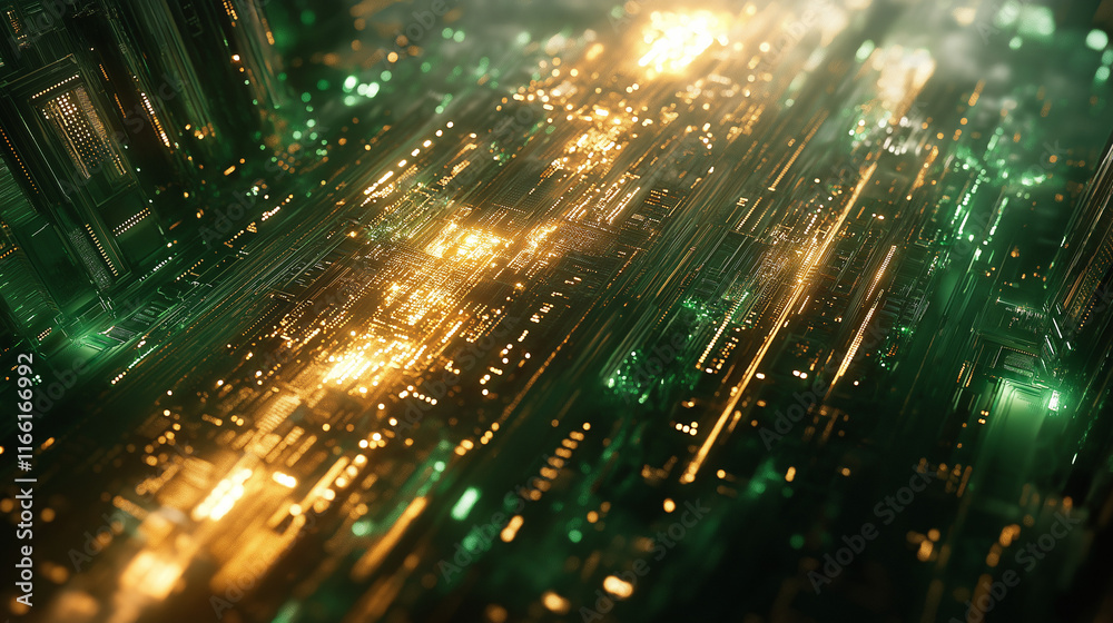 Poster A close-up of a glowing circuit board with pulsing light trails in shades of green and gold. The abstract design emphasizes energy and connectivity