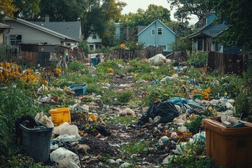 Abandoned neighborhood lot filled with trash and overgrown vegetation in late afternoon light