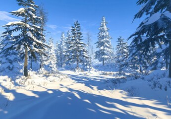 Obraz premium Serene Winter Landscape with Snow-Covered Trees and a Clear Blue Sky, Perfect for Capturing the Tranquility of Nature in Crisp Winter Conditions