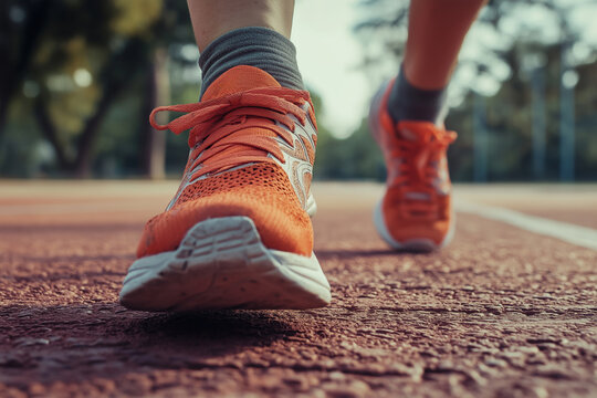 A close-up of orange running shoes captured in motion while jogging.