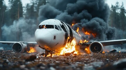 Airplane crash site engulfed in flames and thick smoke, surrounded by forest debris and destruction.