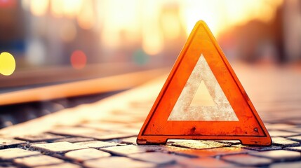 Triangular sign on textured tiled surface, visual guide for design and architectural communication