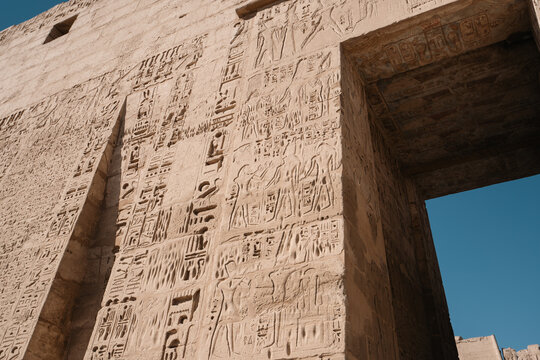 Carvings at Temple Medinet Habou in Luxor Egypt
