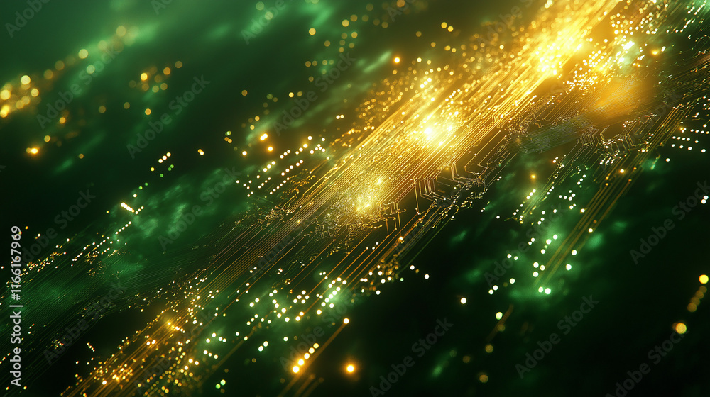 Aufkleber Abstract circuit board background with glowing green and gold energy pulses. Perfect for tech branding, presentations, and modern designs.
