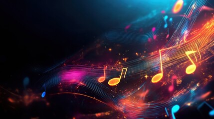 Flowing musical staff lines illuminated in vibrant neon hues creating an abstract musical experience. Generative AI