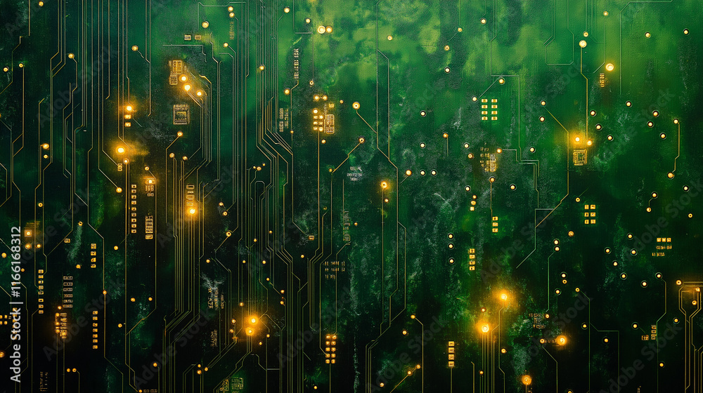 Poster Abstract circuit board background with glowing green and gold energy pulses. Perfect for tech branding, presentations, and modern designs.

