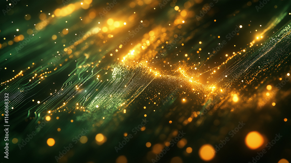 Poster abstract circuit board background with glowing green and gold energy pulses. perfect for tech brandi
