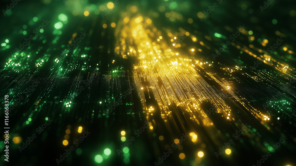 Poster Futuristic close-up of a vibrant circuit board featuring dynamic light trails. A unique backdrop for innovative digital projects.
