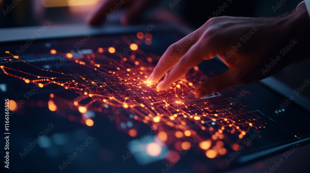 Poster Hands Interacting With a Digital Interface Displaying Interconnected Data Points in a Dark Environment During a Technology Presentation