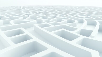 Abstract 3D rendering of complex white maze. Intricate design displays winding paths. Suggests challenge with many choices. Visualizes problem-solving journey. Modern geometric pattern. Ideal for