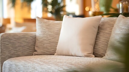Blank White Pillow Mockup on Textured Sofa with Cozy Home Interior Background