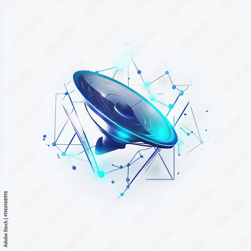 Poster dynamic 3d representation of a speaker surrounded by abstract geometric patterns and glowing element