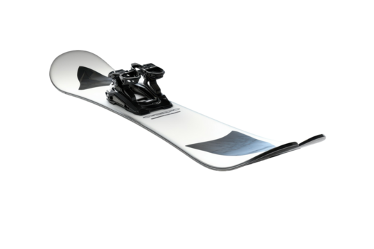 Snowboard with bindings on a simple white background for winter sports enthusiasts or retail display