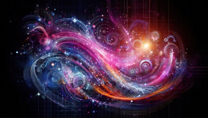 abstract technological background with lines; spirals; flashes of light on a black background