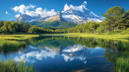 Fototapeta premium Tranquil alpine lake reflecting snow-capped mountains and lush green forest under a bright blue sky