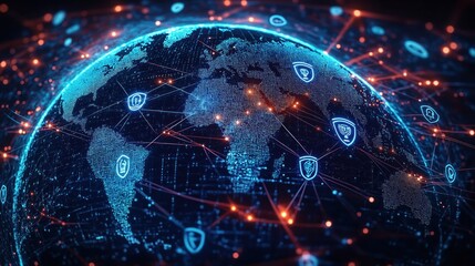 Obraz premium Global network visualization showing global cyber security connections. Digital globe displays worldwide tech connections with security icons. Dynamic illustration represents digital age security,